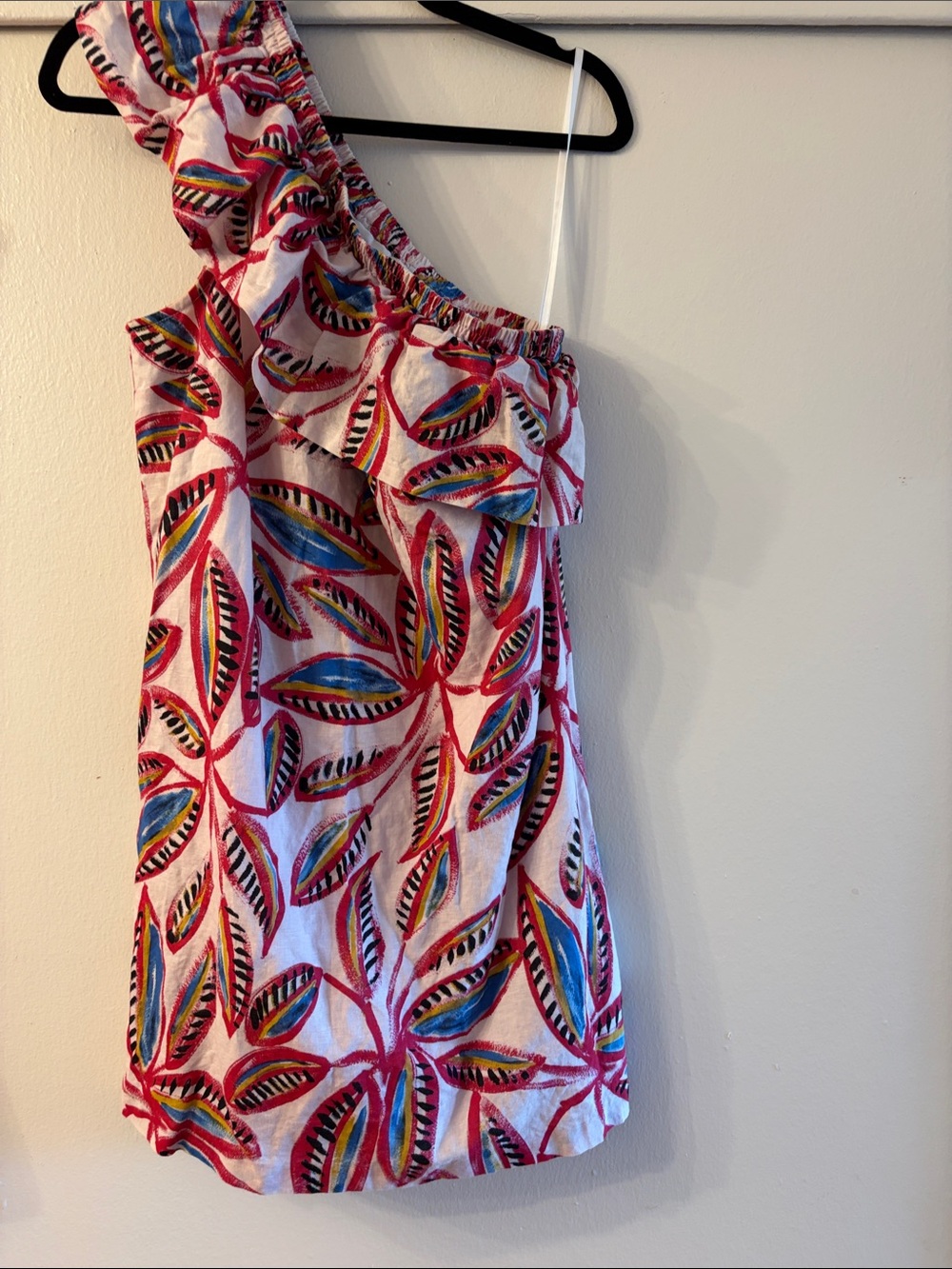 J. Crew White One-Shoulder Dress with Multicolor Leaf Print